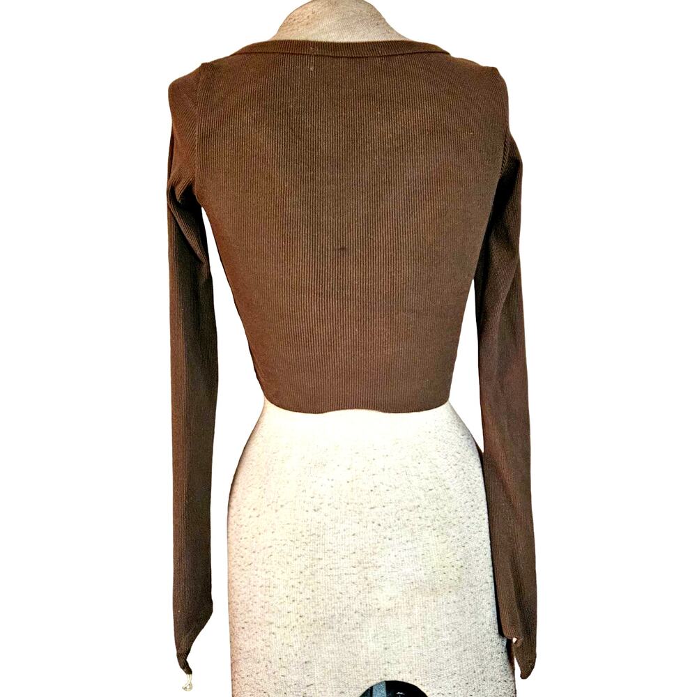 Brown Ribbed Button Up Crop Top Size Small - Picture 2 of 4